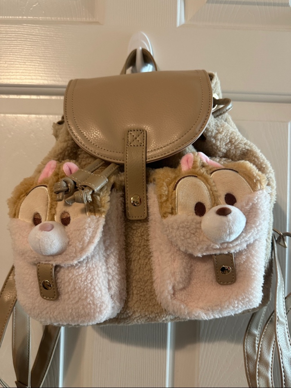 Plush Chipmunk Front Pocket Faux Shearling Backpack in Taupe
